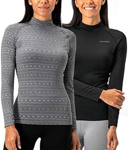 DEVOPS Women's 2 Pack Thermal Turtle Long Sleeve Shirts Compression Baselayer Tops, 1 Black/Heather Flower, Medium