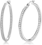 Finrezio 925 Sterling Silver Post Round Hoop Earrings for Women Inside-Out Cubic Zirconia Huggie Hoop Earring 38MM Lightweight Shiny Polished Rhinestone Hoops Earrings Gold/White Gold Plated