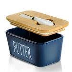 Hasense Ceramic Butter Dish, Large Butter Dish with Lid for Countertop, Farmhouse Butter Holder for Refrigerator, Airtight Butter Container with Cover, Kitchen Decor, Blue
