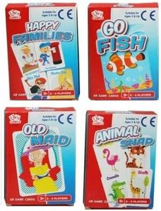 A - Z Pack of 4 Classic Childrens Card Games for Kids Travel Fun Old Maid Animal Snap Go Fish, Multicolor