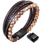 Speroto New Mens Bracelet Bead and Leather Braided, Lava and Onyx Bead Leather Bracelet for Men (Brown, 8.70)