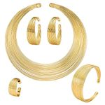 5 Pcs African National Statement Necklace, Women Bib Choker, Women Open Cuff Bracelet African Fashion Chunky Costume Jewelry Set Hoop Earrings, Women Rings Gold Bib Choker Statement Necklaces Jewelry