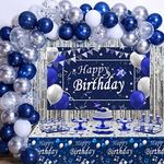 Blue Birthday Decorations for Men, Happy Birthday Decorations for Men Women Boy Party Decoration Backdrop & Tablecloth Balloons Arch Kit Blue Silver Confetti Balloons Foil Fringe Curtains Table Cover