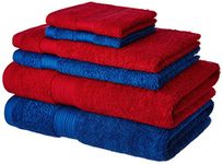 Amazon Brand - Solimo 100% Cotton 6 Piece Towel Set, 500 GSM (Iris Blue and Spanish Red)