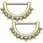 BodyJewelryOnline Adult Pair of Nipple Piercing Clickers - Pair of Lined CZ Set Clickers - 14ga or 16ga - 316L Surgical Steel (16 Gauge (1.2 mm), Yellow Gold)