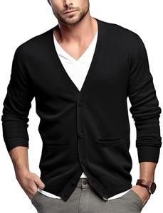 QUALFORT Men's Black Cardigan Sweater V-Neck Casual Button Up 100% Cotton Knitwear with Pockets Black X-Large