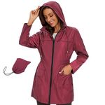 Durio Womens Rain Jacket Long Raincoat Windbreaker Waterproof Jackets Lightweight Rain Coat with Pockets Hood Wine Red Large