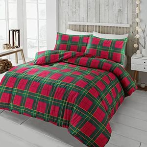 Dazzle Collection Tartan Check Flannelette Thermal 100% Brushed Cotton Duvet Cover with Matching Pillowcase cover Warm Cozy Bedding Set (Red, Double)