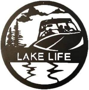 Lake House Gifts - Our Lake Signs will Enhance Lake Life Decor as an Indoor or Outdoor Metal Wall Art - Black Wall Decor - Lake Life with Speedboat, 18 Inch Diameter