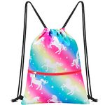 Unicorn Drawstring Backpack - Drawstring Bags for Girls Kids Swim Bag for Beach Swim Swimming Pool School Draw String Bags with Zippered Pocket Waterproof Sports Gym Bag