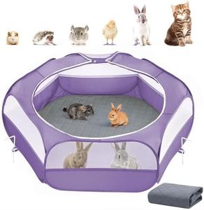 2-in-1 Small Animals Playpen with Pad, Waterproof Small Pet Cage Tent with Reusable Pad, Portable Outdoor Yard Fence with 3 Metal Rod for Chick/Kitten/Puppy/Guinea Pig/Rabbits/Chinchillas, Purple