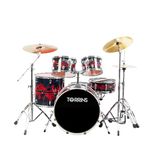 Torrins TempoX Professional 5-Piece Acoustic Drum Set with 2 Cymbals & Hi-Hat (Red Black) | Heavy-Duty Double Braced Stands | Complete Full Drum Set Kit for Practice & Performance