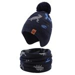 Zsedrut Winter Baby Girl or BoyHat & Scarf Set Little Kid Dinosaur Warm Earflap Hats Comfortable Neck Warmer(Navy Dinosaur Set,M)