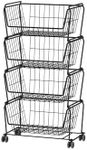 PUSDON Stackable Metal Storage Carts, Dual Use Shelf for Kitchen Fruit Vegetable Baskets with Wheels, Storage Rack for Living Room, Home & Office, Standard Black 4 Tiers