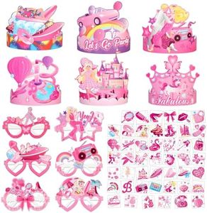 HOWAF Gafas de Fiesta para Cumpleaños Rosa Gafas Fiesta Cumpleaños Corona Cumpleaños Rosa Gorros Fiesta Cono Sombreros de Corona Tatuajes Temporales Niñas Photocall Pink Costume Accessories