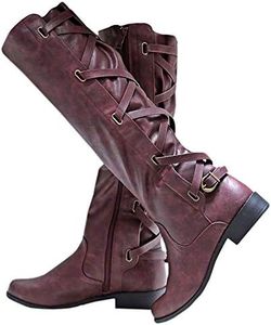 Syktkmx Womens Back Lace Up Riding Boots Winter Knee High Chunky Flat Low Heel Side Zip Closed Toe Shoes