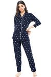 ZEYO Women's Cotton Heart Printed Navy Blue Night Suit Set Of Shirt & Pajama Set 5274