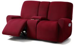 ULTICOR Jacquard Design Reclining Loveseat with Middle Console Slipcover, 8-Piece Stretch Sofa Covers, 2 seat Loveseat Recliner Cover, Washable (Burgundy - Wine, Loveseat with Console Recliner Cover)