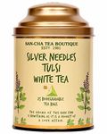 SAN-CHA Tea Boutique Tulsi White Tea (25 Pyramid Tea Bags) Pure Tea Buds Blended With Holy Basil Leaves, Worlds Healthiest Tea, Silver Needles White Tea, 1 Gram