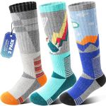 ANTSANG Kids Merino Wool Ski Socks for Girls Boys Teen Thermal Thick Warm Winter Hiking Knee High Stocking Stuffers Socks for Skiing Snowboarding(Orange/Green/Blue,8-12 Y)