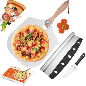 Aluminum Metal Pizza Peel Pizza Spatula Set, 12" x 14" with Cutter and Pizza Knife Spatula Paddle, Pizza Paddle with Foldable Wooden Handle for Easy Storage, Pizza Oven Accessories for Baking