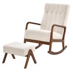 RELAX4LIFE Rocking Chair and Footstool, Upholstered Cotton Linen Tufted Glider Chair with Ottoman, Solid Rubber Wood Frame, Mid Century Modern Accent Lounge Recliner for Nursery, Living Room (Beige)