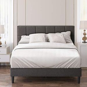 Zinus Lottie King Bed Frame Platform | Classic Square Stitched Fabric Headboard | Solid Wood Slats - Dark Grey