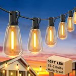 55FT Outdoor String Lights with 27 Shatterproof LED Edison Bulbs (2 Spares), Waterproof ST38 Patio Lights Dimmable, Connectable Hanging Outdoor Lights for House Backyard Garden, 2700K