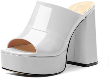 CDXJHYMY Womens Platform Chunky Heels Sandals Square Open Toe High Heeled Sandals Slip On Slides Dress Party Wedding Shoes White Patent Size 9