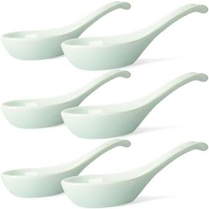 Wareland Asian Soup Spoons Set of 6, Ceramic Chinese Soup Spoons 7 Inch Japanese Spoon for Ramen Pho Dumpling Miso Wonton Noodles | Long Handle Flat Bottom Deep Oval Hook Design | Baby Blue