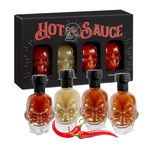 Hot Sauce Gift Set for Mens Gifts - Chilli Skull Spicy Sauce Heat Pack of 4 Different Flavour Sauce Bottle Gift with Topline Card. Christmas Gifts for Men, Stocking Fillers, Birthday Gifts for Women