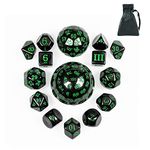 Poludie 15 Pieces Complete Polyhedral DND Dice Set D3-D100 Spherical D&D Dice Set with Dragon Eye Dice Bag, D100 Dice for Dungeons and Dragons, RPG, MTG Table Games(Black w/Green Numbers)