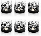 Lily’s Home Cutout Shadow Box Votive Tea Light Hurricane Glass Candle Holders, Centerpiece Lighting for Weddings, Entertaining and Home Decor, Flowers Garden Design, Black, Set of Six