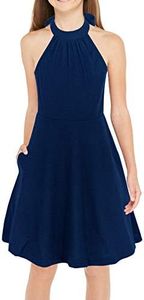 GORLYA Girl's Halter Neck Cold Shoulder Sleeveless Summer Casual Sundress A-line Dress with Pockets for 4-12 Years, Navy Color, 12 Years