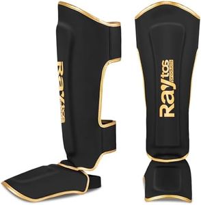 Raytos Muay Thai Shin Guards - MMA Kickboxing Leg Instep Protective Pads, Martial Art Sparring Gear for BJJ Karate Boxing Taekwondo Training, Men Adults Kids Children (B&Gold, M)