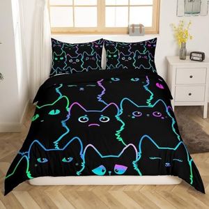 Erosebridal Cartoon Cat Bedding Set Full Comforter Cover Reversible,Kids Boys Girls Cute Animal Duvet Cover Gradient Line Neon Black Cat Quilt Cover,Watercolor Kitten Pet Cats Kawaii Room Decor
