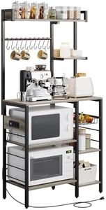 GarveeHome Kitchen Rack with Led Lights, Power Outlet, and Wire Basket, Microwave Stand with 10 S-shaped Hooks, Utility Storage Shelf Rack, X Designed, Bakers Rack for Spices, Spices, Pots