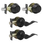 Probrico 2 Pack Keyed Alike Entry Door Lock with Double Cylinder Deadbolt, Matte Black Reversible Wave Door Lever for Left/Right Handed Door, Combo Pack