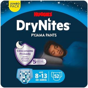Huggies DryNites Calzoncillos absorbentes para niño 8-13 (30-48kg), Clínicamente probado con 5 capas de máxima protección nocturna, 52 pañales de noche