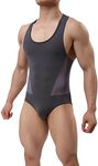 TESOON Men's Sport Bodysuit Mesh Jumpsuits Leotard Wrestling Singlet, Grey, Medium