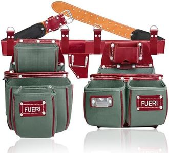 FUERI Nylon & Leather Tool Belts for Men | Heavy Duty Tool Bag set with 2 Pouches, Plier Holder, Foam Padded Belt & Loops for Framers Carpenters Electrician and Construction Tools (Green & Maroon)