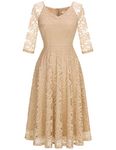 Dressystar Cocktail Dress for Women V Neck Lace Vintage Church Formal Wedding Guest Party Dress with 3/4 Sleeves 58 Champagne 2XL