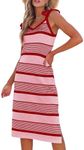 BLENCOT Women Summer Sleeveless Casual Bow Tie Strap Long Spring Cute Knit Easter Dress Beach Striped Coverups Split Maxi Sundress Red Medium