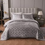 LUCKYBULL Silver Korean Velvet Quilt Set King XL Size (104x96 inch), 3 Pieces Luxury Textured Soft Bedspread with 2 Pillowcases, Reversible Coverlet Set for All Season