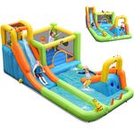 BOUNTECH Inflatable Water Slide, 7 in 1 Double Long Slide Giant Water Park w/Climbing Wall, Splash Pool, Basketball Rim, Water Slides for Kids Backyard (Water Bounce House without Air Blower)