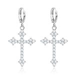 KristLand Silver Tone Full CZ Cubic Zirconia Stone Elegant Sexy Cross Gothic Hoop Piercing Drop Earrings with White Gold Plated for Women White