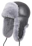 Zavelio Unisex Shearling Sheepskin Aviator Russian Bomber Hat Medium Antrasit Light Blue