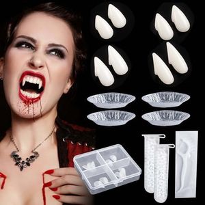 Creatwo Vampire Teeth Fake Fangs with Custom Enhanced Denture Beads, 4 Pairs, 4 Sizes, Realistic Vampire Fangs for Adult Halloween Cosplay Accessories Gift