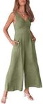 ANRABESS Women's Summer Wide Leg Linen Jumpsuits Dressy V Neck Sleeveless Casual Pants Rompers 2025 Vacation Beach Outfits Olive Small