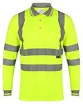 LIZZIE JACOBS Hi Viz High Visibility Long Sleeve Polo Shirts with Grey Collar and Hem Reflective Tape Safety Hi Vis Security Work Breathable Lightweight Workwear Tops (Large, Yellow)